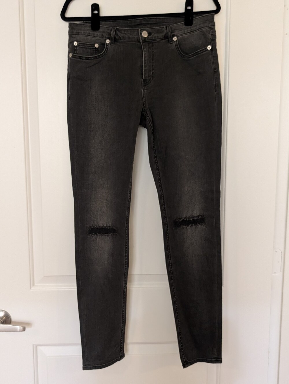 NO LONGER IN PRODUCTION BLK DNM Dark Gray Slim Cut Jeans w/ Distressing - Sz 31